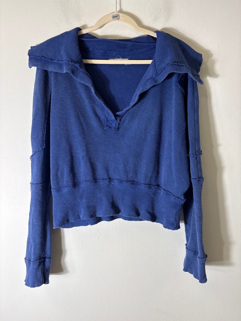 Free People Cobolt Blue Ripped V Neck Pullover Top Sz S